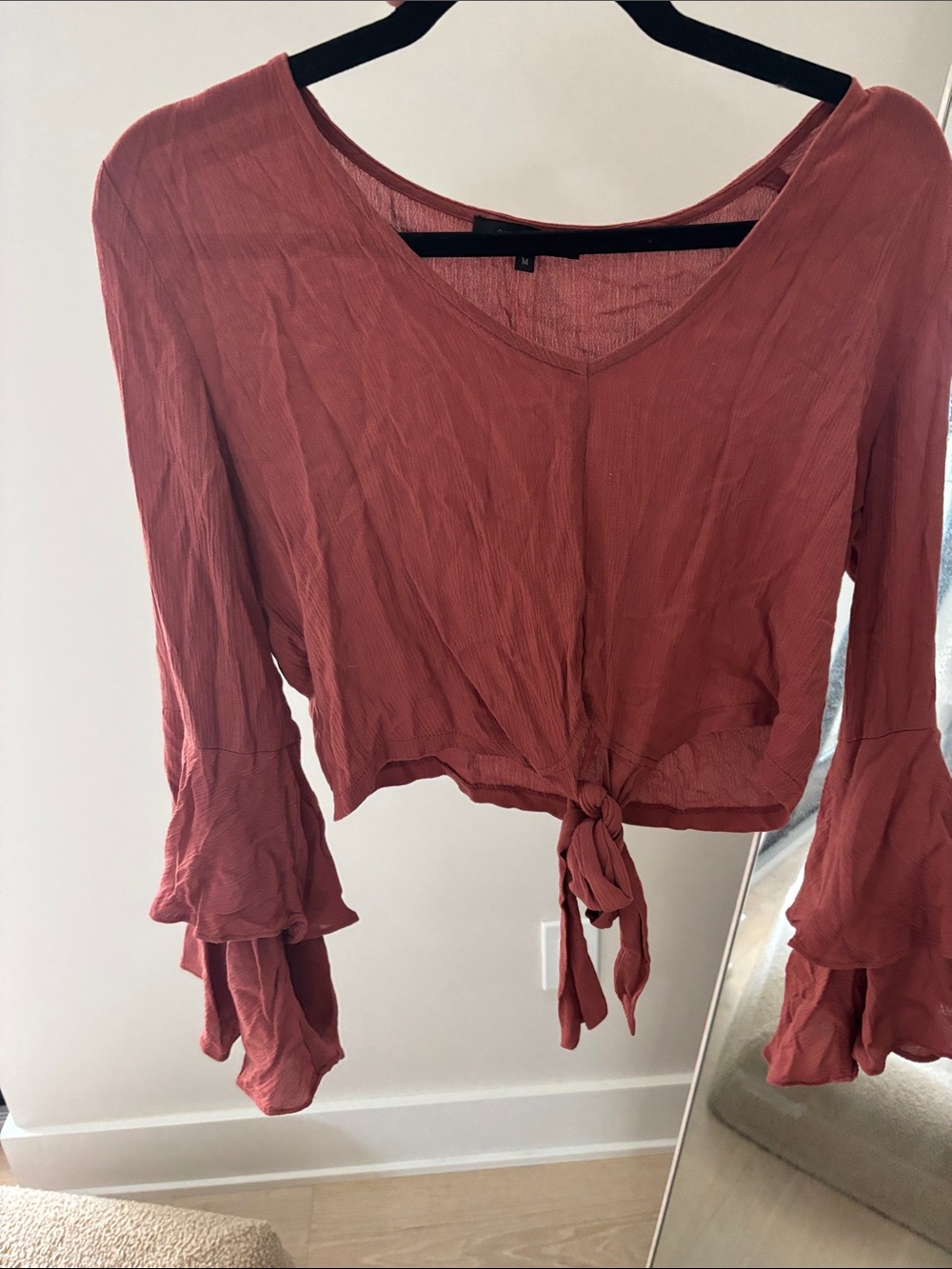 Women's Rust Tie-Front V-Neck Blouse with Ruffle Sleeves